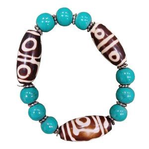 Folk Art Bead Bracelet Vintage Artisan Aboriginal Turquoise Color Black 8 inch